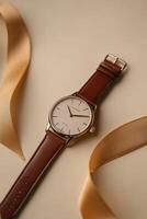 This elegant gold watch features a white dial that contrasts with a brown leather strap, set against a soft beige background with decorative ribbons, enhancing its charm and allure photo
