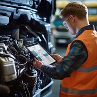 A skilled mechanic in a modern garage uses a tablet to diagnose complex issues in an industrial trucks diesel engine, showcasing the latest advancements in repair techniques and technologies photo