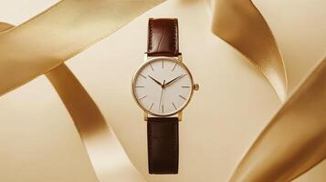 Discover a stunning gold luxury watch with a pristine white dial and stylish brown strap, elegantly set against a soft beige background with decorative ribbons for an upscale look photo