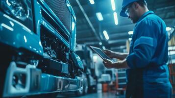 In a bright garage, a skilled mechanic uses a modern tablet to diagnose a complex diesel engine, showcasing the impressive technological advancements in vehicle repair and maintenance photo