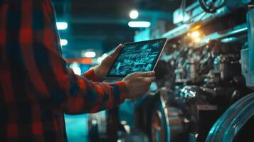 In a modern garage, a skilled mechanic uses a tablet to diagnose issues with a complex diesel engine in a large truck, highlighting advancements in car repair technology and innovation photo