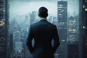 A silhouette of a determined businessman thoughtfully gazes at a vast and modern city skyline during twilight hours photo