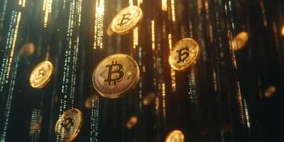 An artistic visualization shows digital gold coins flowing against a backdrop of intricate binary code, symbolizing the evolving world of cryptocurrency and advancements in the financial sector photo