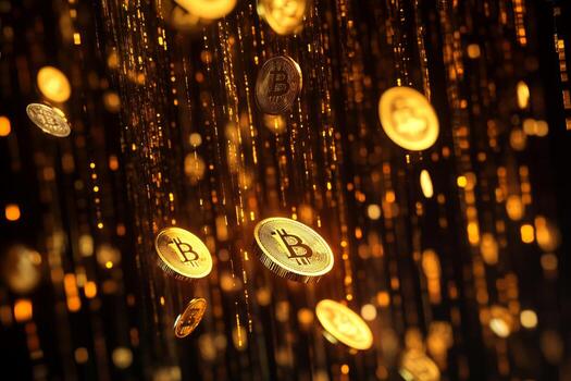 An artistic depiction shows golden coins flowing through binary code, symbolizing digital wealth and the rise of cryptocurrency in todays evolving economy, highlighting its significance photo