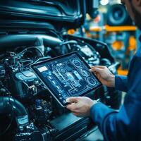 In a busy truck garage, a skilled mechanic uses a tablet to diagnose a complex diesel engine, highlighting the impressive blend of advanced technology and traditional car repair methods photo