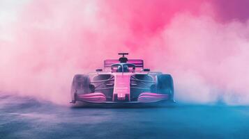 A stunningly powerful Formula 1 car speeds gracefully through vibrant, colorful smoke, magnificently showcasing its incredible speed and advanced technology on the highly competitive racetrack photo