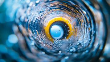 An abstract and visually striking view of swirling water flowing in a pipe, artfully showcasing intricate industrial technology and dynamic fluid dynamics with vivid, vibrant, and bright colors photo
