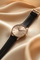 This luxury gold watch features a refined white dial and a sleek black strap, beautifully showcased against a beige background, perfect for expressing your unique style and elegance photo