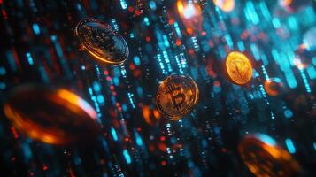 A captivating image shows shiny gold coins cascading over a colorful matrix of binary code, symbolizing the dynamic world of cryptocurrency and modern digital finance in todays landscape photo