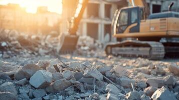 A busy construction site is alive with heavy machinery and debris, reflecting the significant urban transformation underway, filled with the sounds of progress in a city evolving into something new photo