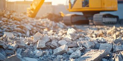 A construction site heavily cluttered with chunks of concrete debris, vividly showcasing the remnants left behind from various urban demolition and extensive renovation efforts in progress photo