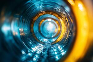 An abstract artistic depiction showcasing swirling liquid dynamics within a large circular tunnel structure, featuring vibrant blue and orange hues that are commonly found in modern aquatic waterways photo