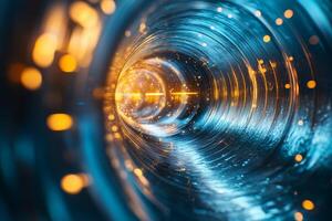 Delve into the captivating and mesmerizing flow of water within a modern industrial environment, showcasing vibrant blue and bright orange hues to create an engaging and dynamic visual experience photo