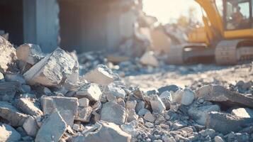 In the chaotic atmosphere of a construction site, scattered concrete debris, noise from heavy machinery, and remnants of urban infrastructure create a tumultuous and disorderly scene photo
