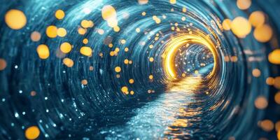 A vibrant circular tunnel showcases the mesmerizing flow of water, emphasizing innovative engineering and aquatic exploration with brilliant blue and orange tones for striking visual impact photo
