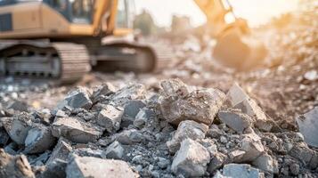 A vibrant and bustling construction site vividly showcases scattered debris and heavy machinery, brilliantly emphasizing the chaos, noise, and ongoing transformation of urban infrastructure around us photo
