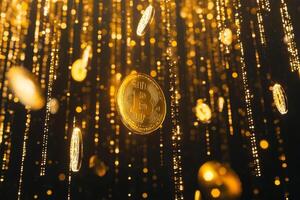 An abstract artistic portrayal of digital gold coins elegantly cascading through a dynamic backdrop of binary code, symbolizing the intricate intertwining of wealth and technology in modern society photo