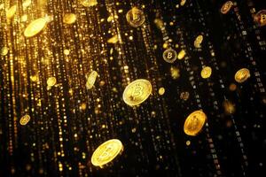 A visually striking and captivating image showcasing golden coins cascading through a dark backdrop of intricate binary code, symbolizing the unique world of cryptocurrency and digital wealth photo