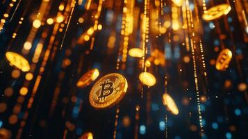 An impressive abstract visual of Bitcoin coins cascading through dynamic binary code, symbolizing movement and innovation in digital currency and its impact on the modern financial landscape photo
