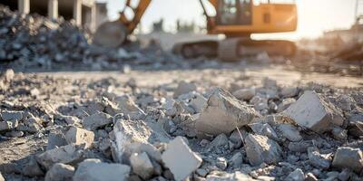 A busy construction site with crushed concrete, heavy machinery, and workers illustrates the dynamic demolition and renovation processes in a changing urban area, showcasing industry complexities photo