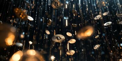 A detailed artistic image of vibrant digital gold coins flowing through a backdrop of binary code, symbolizing the evolving world of cryptocurrency and blockchain technology innovations photo