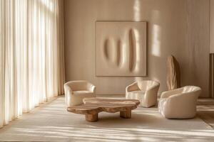 The modern living room features a minimalist Japandi design, blending stylish furniture, warm colors, and elegantly arranged decor that promotes tranquility and simplicity throughout the space photo