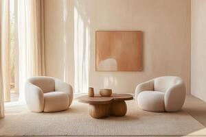 A serene and tranquil living room featuring beautifully styled, plush furniture alongside a calming color palette, perfectly embodying the minimalist principles of Japandi design aesthetics photo