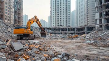 An urban demolition site vividly showcasing heavy machinery working amidst piles of concrete debris, clearly illustrating the transformative process of reshaping a landscape in an unoccupied area photo