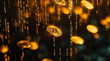 This artwork features shimmering gold coins cascading through a vibrant digital binary backdrop, symbolizing the transformative cryptocurrency market and the evolving digital economy photo
