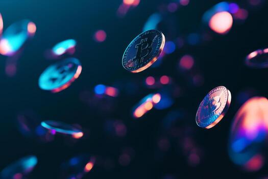 en un dinámica digital paisaje, dorado monedas deriva entre binario código, simbolizando el emocionante reino de criptomoneda y el inmenso potencial para digital riqueza y prosperidad foto