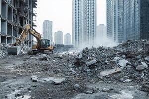 In the chaotic demolition scene, heavy machinery systematically tears down large structures, scattering debris and highlighting the complexities of the demolition process and industry photo