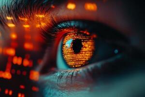 A closeup of a human eye shows vivid reflections of digital data against a tech backdrop, symbolizing themes of cybersecurity, privacy concerns, and future innovations shaping our society photo