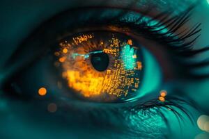 A detailed closeup of a captivating eye reflects intricate digital data against a vibrant green background, illustrating themes of cybersecurity and advanced technology relevant today photo