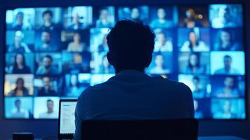 An individual in a virtual meeting, observing and analyzing various feeds, illustrates how modern communication technology enhances interaction and collaboration among diverse participants photo