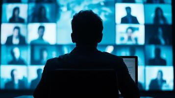 A large, dark silhouette looms before a wall of colorful screens, symbolizing the rising significance of digital communication and social networking in our interconnected global society photo