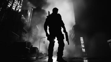 A lone soldiers silhouette in a bustling urban setting evokes powerful themes of mystery and tension photo