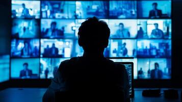 A silhouette of a person in front of multiple screens displaying participants, illustrating the concepts of digital communication, social networking, and virtual interactions. photo