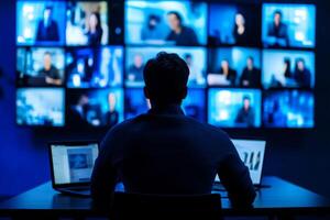 This visual highlights the dynamic nature of streaming and communication through multiple faces, emphasizing the importance of social networking and connections in the digital age photo