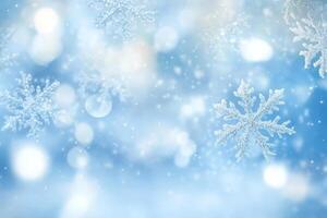 A tranquil winter scene with delicate snowflakes against a soft blue background creates a serene atmosphere, perfect for joyful holiday celebrations with loved ones, filled with warmth and cheer photo