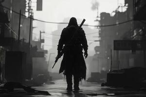 A solitary figure stands alone in a desolate urban setting that is filled with an air of mystery and shadows photo