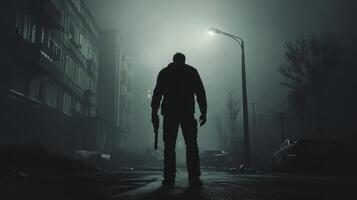 A mysterious shadowy figure looms in a foggy urban scene, instilling a strong sense of suspense and intrigue photo