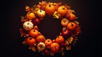 A stunningly arranged autumn wreath that features a mix of vibrant pumpkins and colorful leaves, making it the perfect addition for both Halloween and Thanksgiving themed decor throughout the season photo