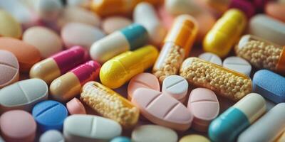 A vibrant assortment of various pills and colorful capsules, showcasing different sizes for diverse health needs photo