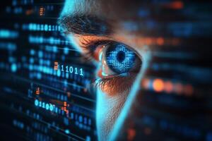 A vivid closeup view of a human eye set against an intricate background filled with dynamic digital data patterns, showcasing crucial themes of advanced technology, cybersecurity, and hacking photo