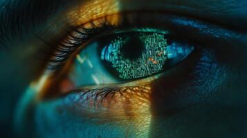 A captivating closeup of a vibrant human eye against a green tech background, featuring intricate digital patterns, symbolizing cybersecurity and the thrilling future of technology photo