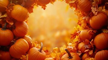 This autumn frame features vibrant pumpkins and colorful leaves, perfect for warm greetings during Halloween and Thanksgiving, beloved fall holidays that many look forward to each year photo