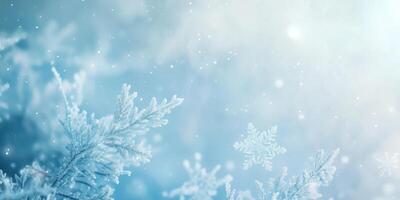 A captivating winter scene features unique snowflakes gently falling, with soft blue hues that create a charming, frosty atmosphere ideal for seasonal celebrations and inspiring creativity photo