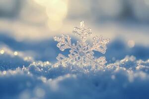 A delicate snowflake gently rests on a pristine and untouched blanket of white snow, showcasing its intricate and unique patterns, embodying the enchanting magic and beauty of the winter season photo