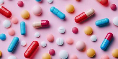 A vibrant array of capsules and pills scattered on a pink backdrop, symbolizing health and wellness. photo