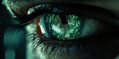 A closeup of a human eye stands out against a complex digital background with green tech graphics, symbolizing the significance of cyber security and advancements in futuristic technology photo